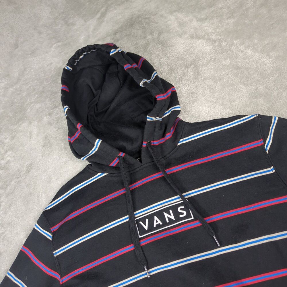 Vans Men Small Striped Fleece Hoodie Black Blue Skate Off The Wall Sweatshirt